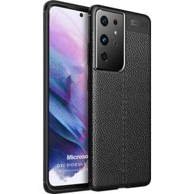 Microsonic Samsung Galaxy S21 Ultra Deri Dokulu Silikon Siyah Kılıf