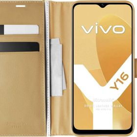 Microsonic Vivo Y16 Delux Leather Wallet Gold Cep Telefonu Kılıfı