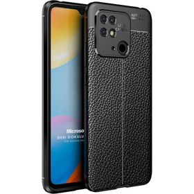 Microsonic Xiaomi Poco C40 Deri Dokulu Silikon Siyah Siyah Kılıf