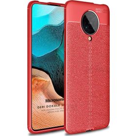 Microsonic Xiaomi Poco F2 Pro Deri Dokulu Silikon Kırmızı Kılıf
