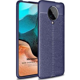 Microsonic Xiaomi Poco F2 Pro Deri Dokulu Silikon Lacivert Kılıf