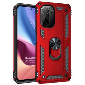 Microsonic Xiaomi Poco F3 Military Ring Holder Kırmızı Kılıf