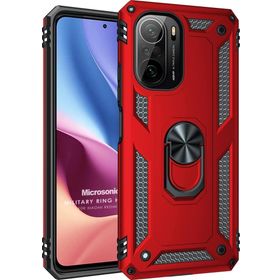 Microsonic Xiaomi Poco F3 Military Ring Holder Kırmızı Kılıf