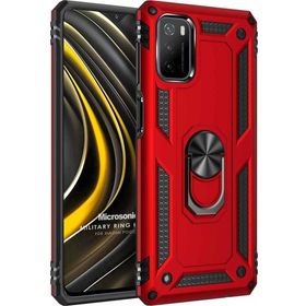 Microsonic Xiaomi Poco M3 Military Ring Holder Kırmızı Kılıf