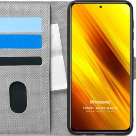 Microsonic Xiaomi Poco X3 NFC Fabric Book Wallet Gri Cep Telefonu Kılıfı