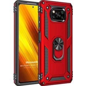 Microsonic Xiaomi Poco X3 NFC Military Ring Holder Kırmızı Cep Telefonu Kılıfı