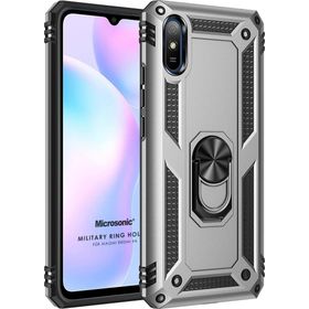 Microsonic Xiaomi Redmi 9A Military Ring Holder Gümüş Kılıf