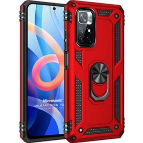 Microsonic Xiaomi Redmi Note 11T Military Ring Holder Kırmızı Cep Telefonu Kılıfı