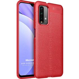 Microsonic Xiaomi Redmi Note 9 4G Deri Dokulu Silikon Kırmızı Cep Telefonu Kılıfı