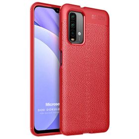Microsonic Xiaomi Redmi Note 9 4G Deri Dokulu Silikon Kırmızı Cep Telefonu Kılıfı