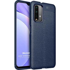 Microsonic Xiaomi Redmi Note 9 4G Deri Dokulu Silikon Lacivert Cep Telefonu Kılıfı