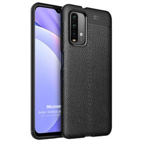Microsonic Xiaomi Redmi Note 9 4G Deri Dokulu Silikon Siyah Cep Telefonu Kılıfı