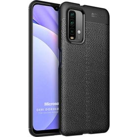 Microsonic Xiaomi Redmi Note 9 4G Deri Dokulu Silikon Siyah Cep Telefonu Kılıfı
