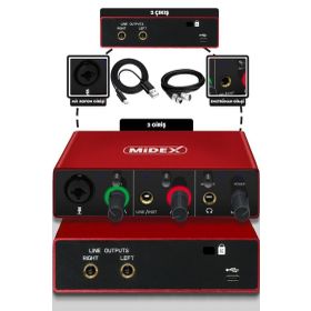Midex GLX-500 Pro 2 Giriş 2 Çıkış USB Stüdyo Ses Kartı ve XLR Kablo