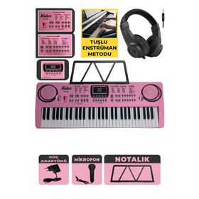 Midex PS-1500PK-H Başlangıç İçin Pembe 61 Tuşlu Org Kulaklık Notalık Mikrofon Metod