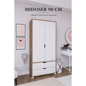 Midoser 90 cm Açık Ceviz-Beyaz 2 Kapılı 2 Çekmeceli Elbise Dolabı Gardrop
