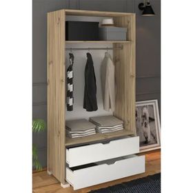 Midoser 90 cm Açık Ceviz-Beyaz 2 Kapılı 2 Çekmeceli Elbise Dolabı Gardrop