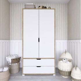 Midoser Duru 90 cm Açık Ceviz-Beyaz 2 Kapılı 2 Çekmeceli Elbise Dolabı