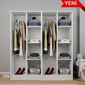 Midoser Kardelen Serisi Mat Beyaz 4 Kapılı 8 Raflı Elbise Dolabı