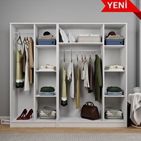Midoser Kardelen Serisi Mat Beyaz 5 Kapılı 9 Raflı Elbise Dolabı