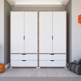 Midoser Mat Beyaz Keçe Açık Ceviz 4 Kapılı 4 Çekmeceli Gardırop