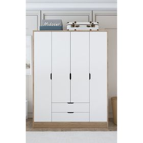 Midoser Nisan Açık Ceviz-Beyaz 140 cm 4 Kapılı 2 Çekmeceli Elbise Dolabı Gardrop