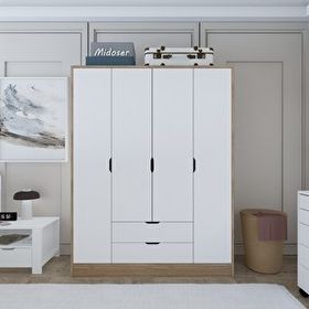 Midoser Nisan Açık Ceviz-Beyaz 140 cm 4 Kapılı 2 Çekmeceli Elbise Dolabı Gardrop