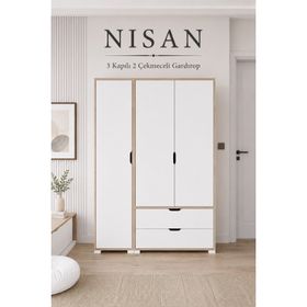 Midoser Nisan Açık Ceviz-Beyaz 3 Kapılı 2 Çekmeceli Elbise Dolabı Gardrop Seti