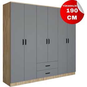 Midoser Yaman Luna Keçe 6 Kapaklı 2 Çekmeceli Ceviz Gri Gardırop