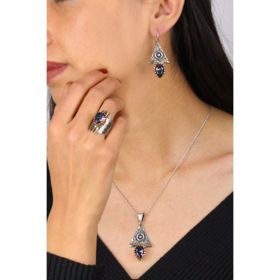 Midyat Nurtaş 201011320 Mistik Topaz Taşlı Otantik Kadın Gümüş Üçlü Set