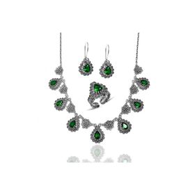 Midyat Nurtaş 201021805 Zümrüt Taşlı Gerdanlıklı Telkari Gümüş Üçlü Set