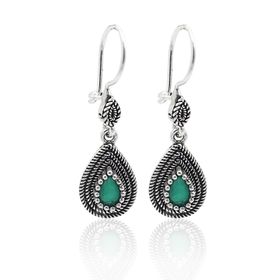 Midyat Nurtaş Gümüş 201023141 Zümrüt Taşlı Damla Model Oksitli Telkari Gümüş Kadın Küpe