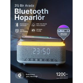 Mikado MD-W8 1200 mAh 10 W Gri RGB Gece Lambası Özellikli Alarmlı Saat Beyaz Bluetooth Speaker