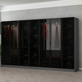Minar Mobilya Kale 7 Cam Kapaklı 4 Çekmeceli Antrasit Siyah 210 cm Dolap