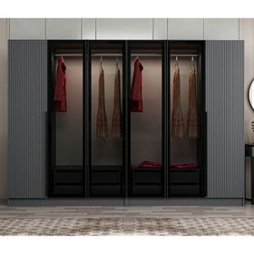 Minar Mobilya Kale Plus210 6 Mebran Kapaklı 4 Çekmeceli Antrasit Mebran Füme Cam Dolap