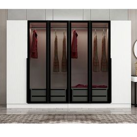 Minar Mobilya Kale Plus210 6 Mebran Kapaklı 4 Çekmeceli Beyaz Mebran Füme Cam Dolap