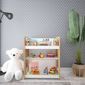 Minera Martı Montessori Meşe - Beyaz Oyuncak Toplama ve Kitaplık Ünitesi