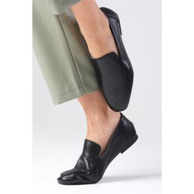 Mio Gusto Aria Siyah Renk Hakiki Deri Küt Burunlu Kadın Loafer Ayakkabı