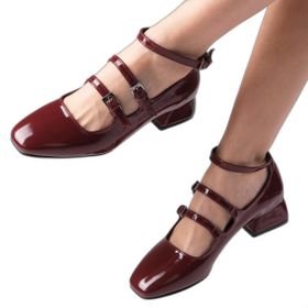 Mio Gusto Baylee Bordo Renk Rugan 3 Bantlı Küt Burunlu Kadın Kısa Topuklu Ayakkabı