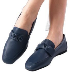 Mio Gusto Candy Hakiki Deri Lacivert Renk Fiyonk Aksesuarlı Küt Burunlu Kadın Loafer Ayakkabı