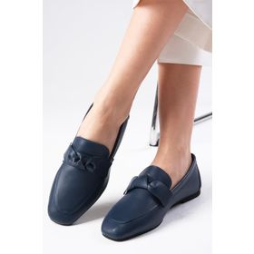 Mio Gusto Candy Hakiki Deri Lacivert Renk Fiyonk Aksesuarlı Küt Burunlu Kadın Loafer Ayakkabı