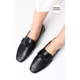 Mio Gusto Candy Hakiki Deri Siyah Renk Fiyonk Aksesuarlı Küt Burunlu Kadın Loafer Ayakkabı