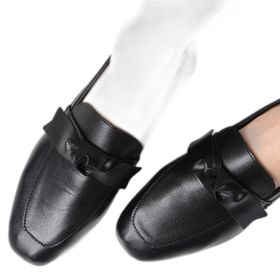 Mio Gusto Candy Hakiki Deri Siyah Renk Fiyonk Aksesuarlı Küt Burunlu Kadın Loafer Ayakkabı