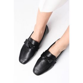 Mio Gusto Candy Hakiki Deri Siyah Renk Fiyonk Aksesuarlı Küt Burunlu Kadın Loafer Ayakkabı