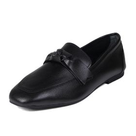 Mio Gusto Candy Hakiki Deri Siyah Renk Fiyonk Aksesuarlı Küt Burunlu Kadın Loafer Ayakkabı