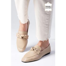 Mio Gusto Candy Ten Rengi Hakiki Deri Fiyonk Aksesuarlı Küt Burunlu Kadın Loafer Ayakkabı