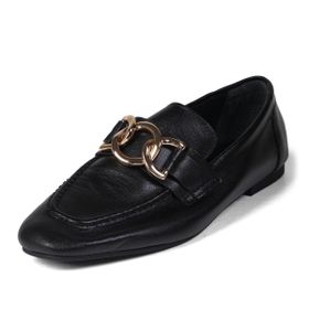 Mio Gusto Dakota Hakiki Deri Siyah Renk Zincir Aksesuarlı Küt Burunlu Kadın Loafer Ayakkabı