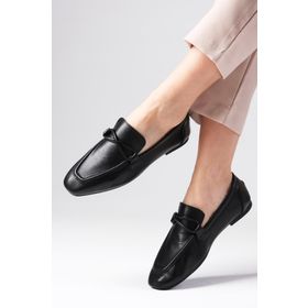Mio Gusto Fiona Siyah Renk Hakiki Deri Küt Burunlu Kadın Loafer Ayakkabı
