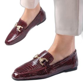 Mio Gusto Jordane Bordo Renk Hakiki Deri Hayvan Desenli Küt Burunlu Kadın Loafer Ayakkabı