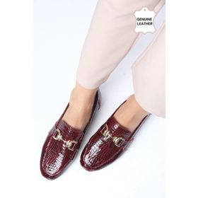 Mio Gusto Jordane Bordo Renk Hakiki Deri Hayvan Desenli Küt Burunlu Kadın Loafer Ayakkabı